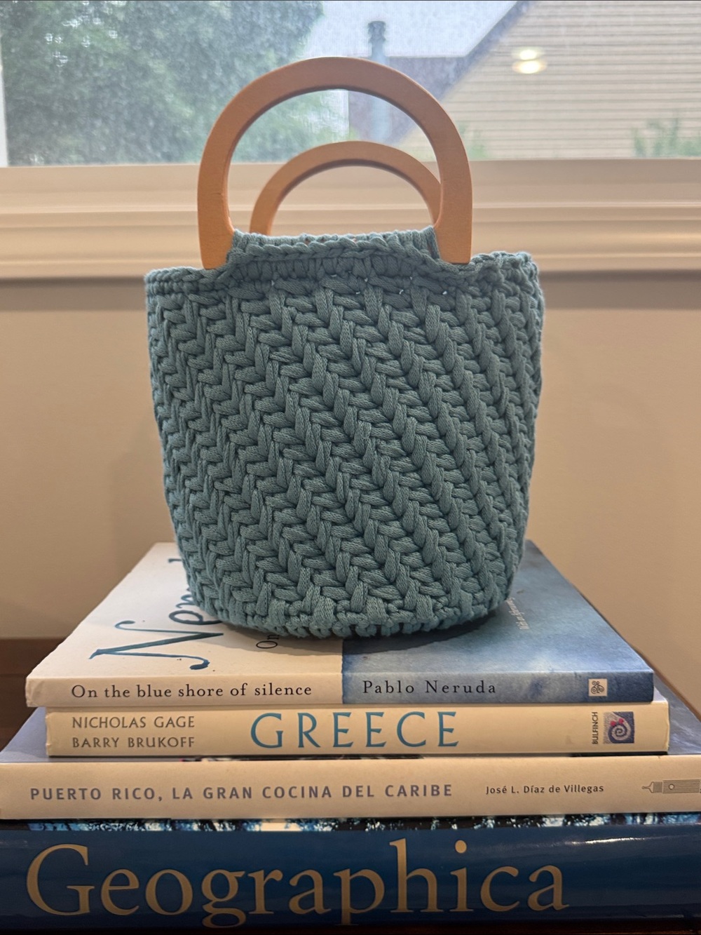 Handwoven Blue Crocheted Tote with Wooden Handles